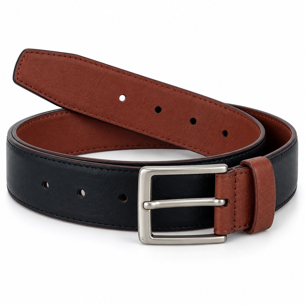Alfani Mens Belt Rust Black Faux Leather Silver Buckle Size S 30-32